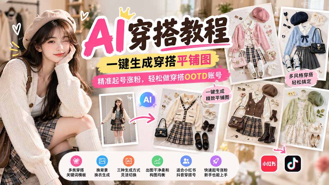 【无水印】AI穿搭教程|一键生成穿搭平铺图,精准起号涨粉,轻松做穿搭OOTD账号采购|汽车产业|汽车配件|机加工企业家交流社群中心