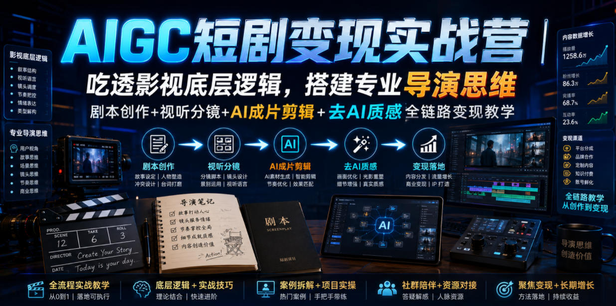 AIGC短剧变现实战营｜吃透影视底层逻辑，搭建专业导演思维，剧本创作+视听分镜+AI成片剪辑+去AI质感全链路变现教学采购|汽车产业|汽车配件|机加工企业家交流社群中心