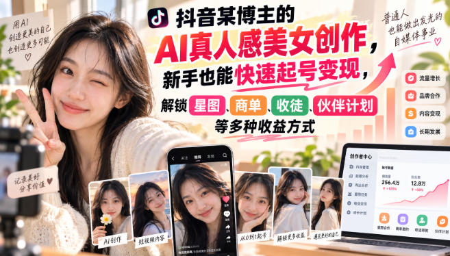抖音某博主的AI真人感美女创作,新手也能快速起号变现,解锁星图,商单,收徒,伙伴计划等多种收益方式采购|汽车产业|汽车配件|机加工企业家交流社群中心