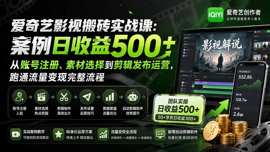 爱奇艺影视搬砖实战课：案例日收益500+，从账号注册、素材选择到剪辑发布运营，跑通流量变现完整流程采购|汽车产业|汽车配件|机加工企业家交流社群中心