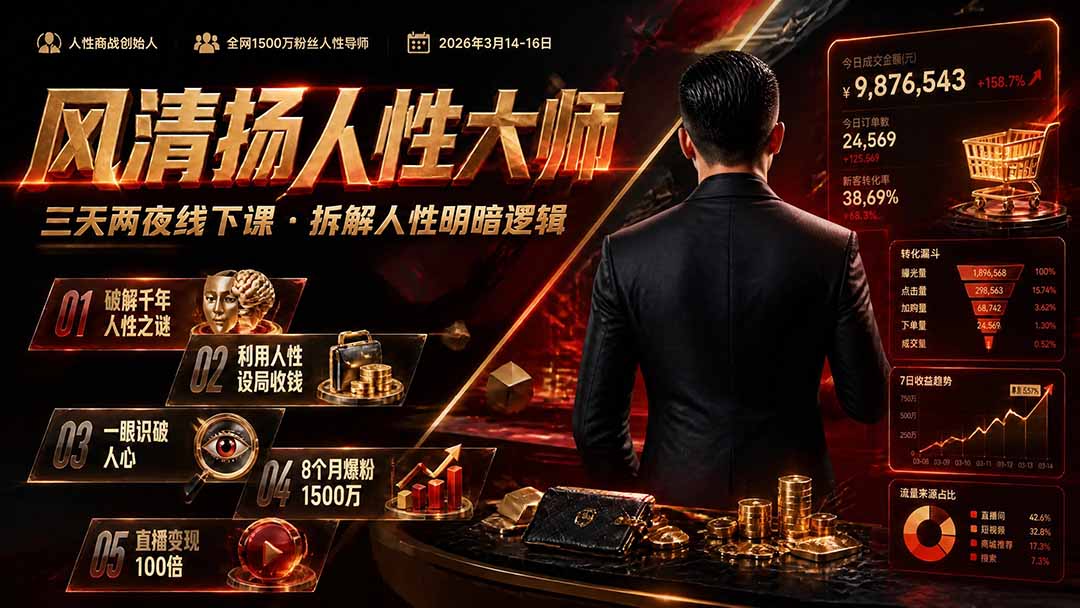 风清扬人性大师-三天两夜3月14-16线下课2026年｜拆解人性明暗逻辑，识人避坑，千万粉涨粉+直播百倍变现实战教学采购|汽车产业|汽车配件|机加工企业家交流社群中心