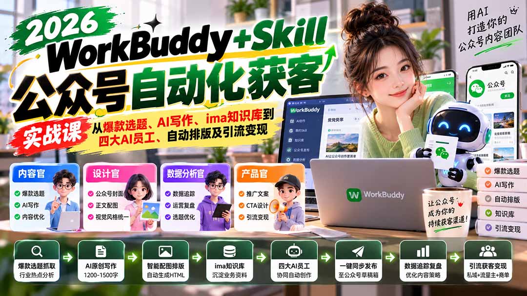 WorkBuddy + Skill公众号自动化获客实战课:从爆款选题、AI写作、ima知识库到四大AI员工、自动排版及引流变现采购|汽车产业|汽车配件|机加工企业家交流社群中心