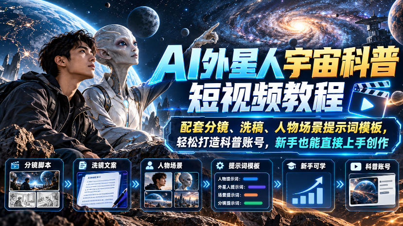 AI外星人宇宙科普短视频教程，配套分镜、洗稿、人物场景提示词模板，轻松打造科普账号，新手也能直接上手创作采购|汽车产业|汽车配件|机加工企业家交流社群中心