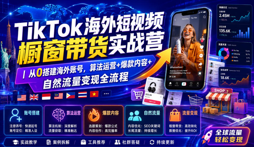 TikTok海外短视频橱窗带货实战营｜从0搭建海外账号，算法运营+爆款内容+自然流量变现全流程采购|汽车产业|汽车配件|机加工企业家交流社群中心
