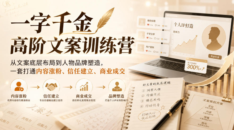 一字千金高阶文案训练营,从文案底层布局到人物品牌塑造,一套打通内容涨粉、信任建立、商业成交采购|汽车产业|汽车配件|机加工企业家交流社群中心