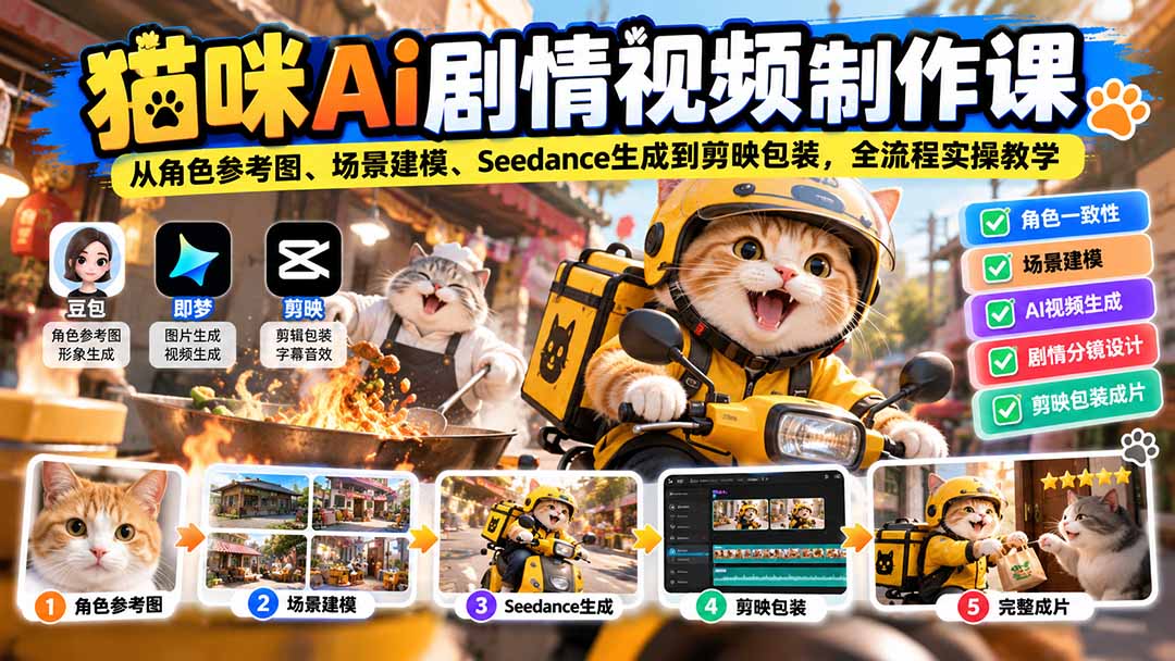 猫咪AI剧情视频制作课：从角色参考图、场景建模、Seedance生成到剪映包装，全流程实操教学采购|汽车产业|汽车配件|机加工企业家交流社群中心