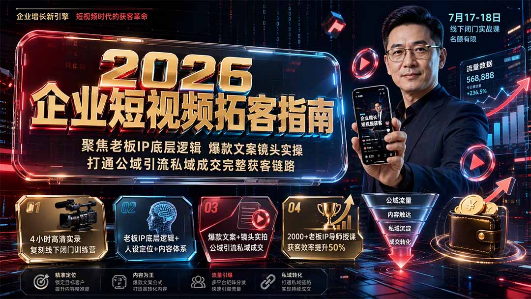 2026企业短视频拓客指南:聚焦老板IP底层逻辑,爆款文案镜头实操,打通公域引流私域成交完整获客链路采购|汽车产业|汽车配件|机加工企业家交流社群中心