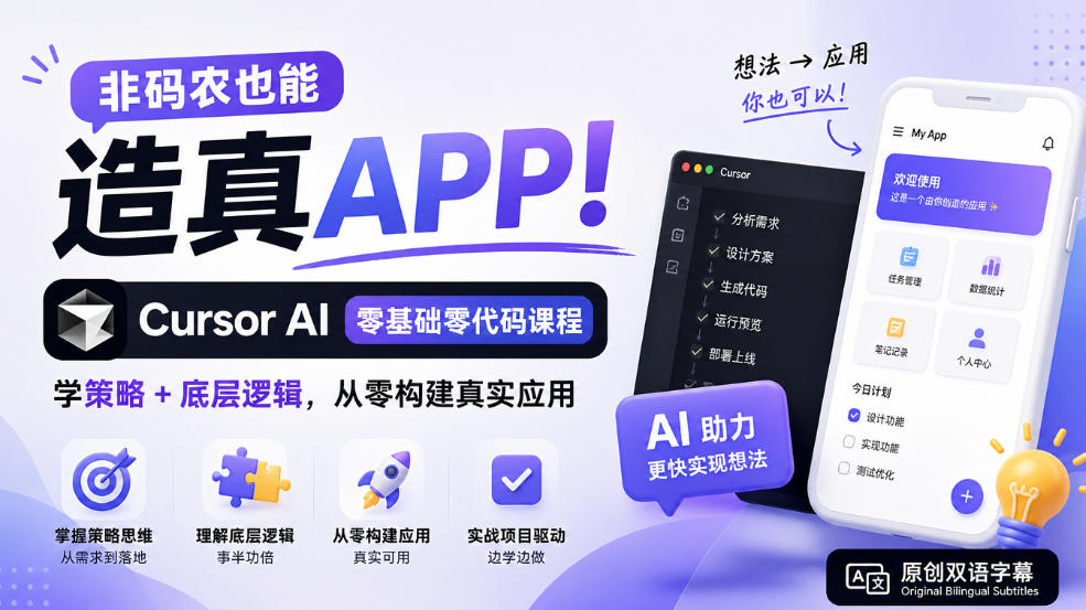 非码农也能造真APP！Cursor AI零基础零代码课程：学策略+底层逻辑，从零构建真实应用【原创双语字幕】采购|汽车产业|汽车配件|机加工企业家交流社群中心