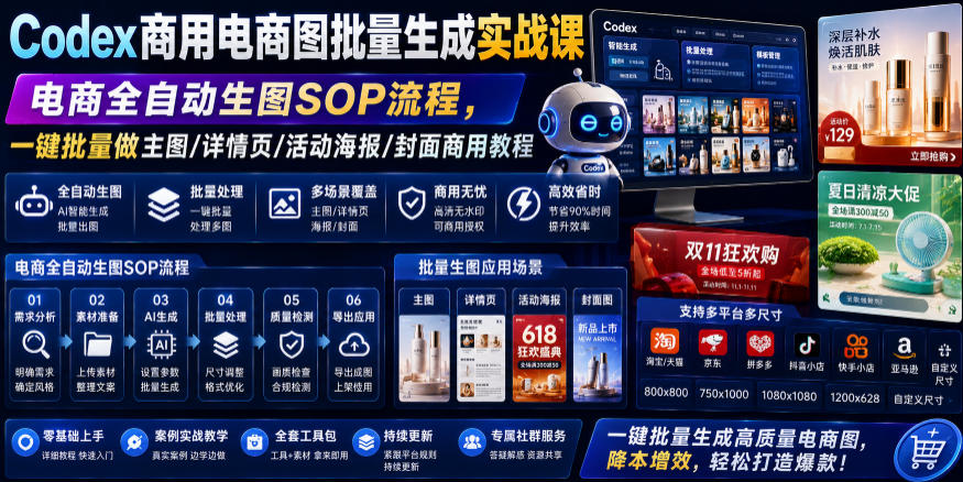 Codex商用电商图批量生成实战课｜电商全自动生图SOP流程，一键批量做主图/详情页/活动海报/封面商用教程采购|汽车产业|汽车配件|机加工企业家交流社群中心