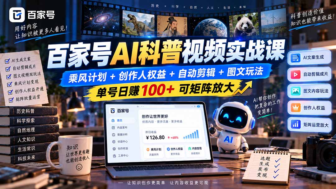 百家号AI科普视频实战课：乘风计划+创作人权益+自动剪辑+图文玩法，单号日赚100+可矩阵放大采购|汽车产业|汽车配件|机加工企业家交流社群中心