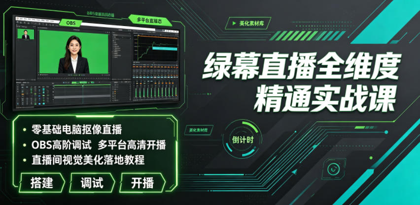 绿幕直播全维度精通实战课|零基础电脑抠像直播、OBS高阶调试、多平台高清开播、直播间视觉美化落地教程采购|汽车产业|汽车配件|机加工企业家交流社群中心
