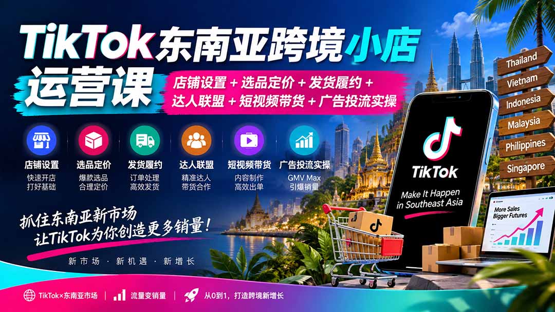 TikTok东南亚跨境小店运营课：店铺设置+选品定价+发货履约+达人联盟+短视频带货+广告投流实操采购|汽车产业|汽车配件|机加工企业家交流社群中心