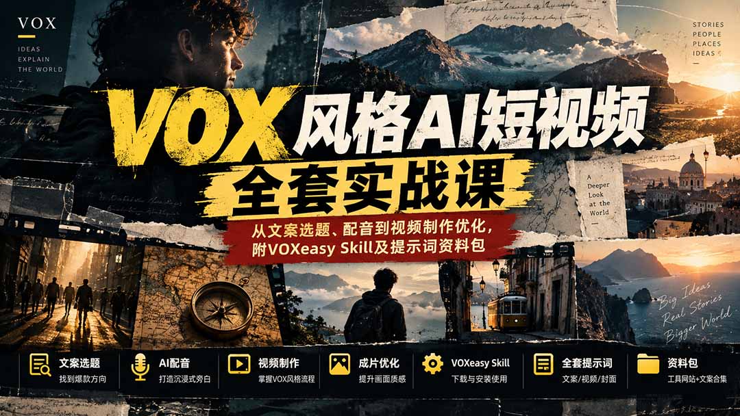 【无水印】VOX风格AI短视频全套实战课:从文案选题、配音到视频制作优化,附VOXeasy Skill及提示词资料包采购|汽车产业|汽车配件|机加工企业家交流社群中心