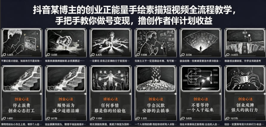 抖音某博主的创业正能量手绘素描短视频全流程教学，手把手教你做号变现，撸创作者伙伴计划收益采购|汽车产业|汽车配件|机加工企业家交流社群中心