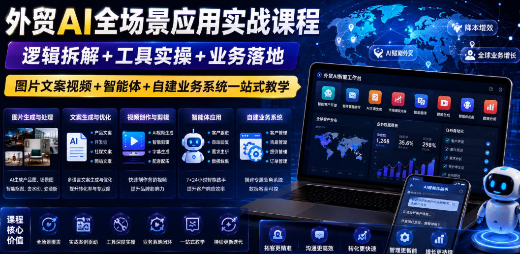 外贸AI全场景应用实战课程｜逻辑拆解+工具实操+业务落地，图片文案视频+智能体+自建业务系统一站式教学采购|汽车产业|汽车配件|机加工企业家交流社群中心