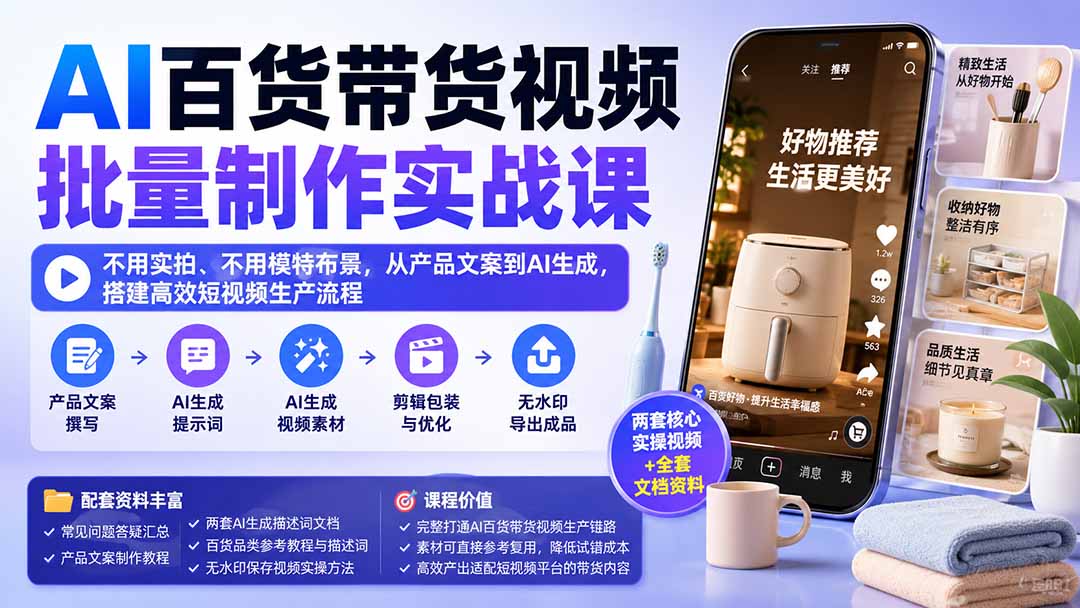 AI百货带货视频批量制作实战课:不用实拍、不用模特布景,从产品文案到AI生成,搭建高效短视频生产流程采购|汽车产业|汽车配件|机加工企业家交流社群中心