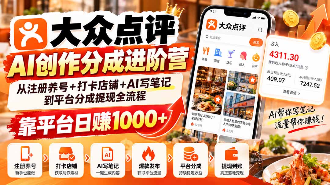 大众点评AI创作分成进阶营：从注册养号+打卡店铺+AI写笔记到平台分成提现全流程，靠平台日赚1000+采购|汽车产业|汽车配件|机加工企业家交流社群中心