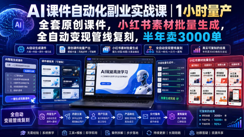 AI课件自动化副业实战课|1小时量产全套原创课件,小红书素材批量生成,全自动变现管线复刻,半年卖3000单采购|汽车产业|汽车配件|机加工企业家交流社群中心