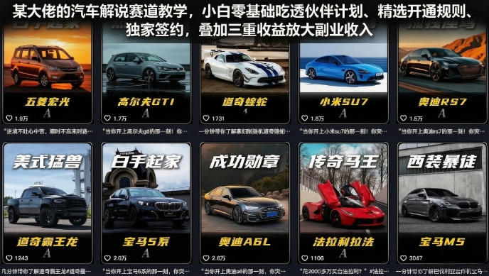 某大佬的汽车解说赛道教学,小白零基础吃透伙伴计划、精选开通规则、独家签约,叠加三重收益放大副业收入采购|汽车产业|汽车配件|机加工企业家交流社群中心