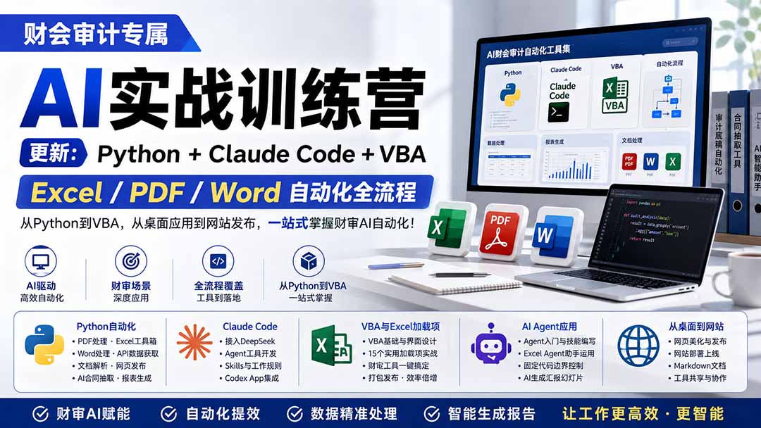 财会审计专属 AI实战训练营：Python+Claude Code+VBA，Excel/PDF/Word自动化全流程 (更新采购|汽车产业|汽车配件|机加工企业家交流社群中心