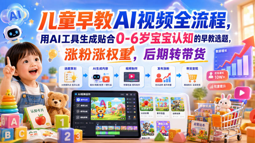 儿童早教AI视频全流程，用AI工具生成贴合0-6岁宝宝认知的早教选题，涨粉涨权重，后期转带货采购|汽车产业|汽车配件|机加工企业家交流社群中心
