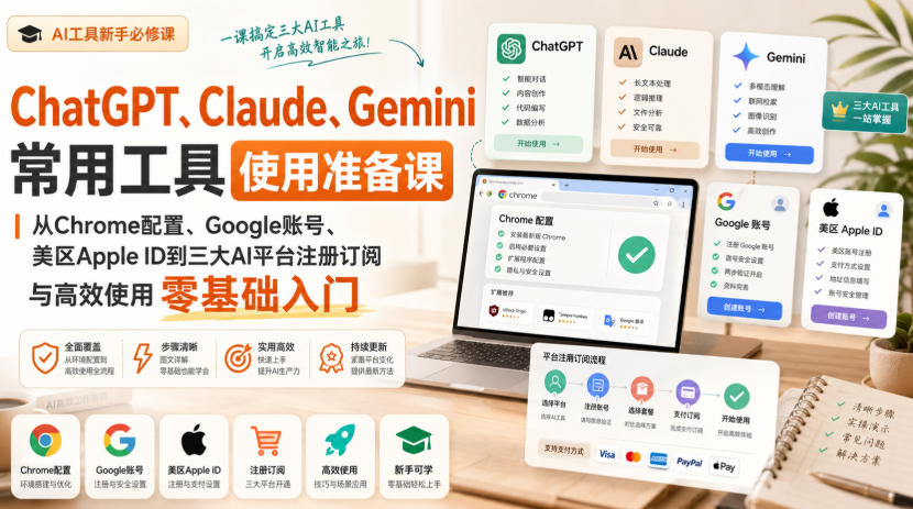 ChatGPT、Claude、Gemini常用工具使用准备课｜从Chrome配置、Google账号、美区Apple ID到三大AI平台注册订阅与高效使用零基础入门采购|汽车产业|汽车配件|机加工企业家交流社群中心