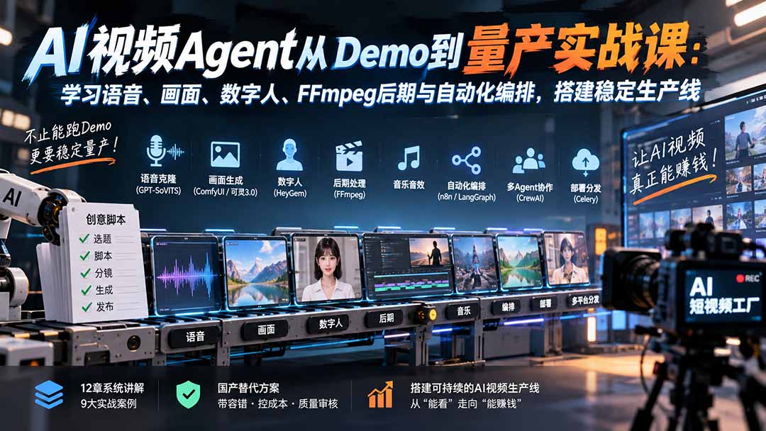 AI视频Agent从Demo到量产实战课：学习语音、画面、数字人、FFmpeg后期与自动化编排，搭建稳定生产线采购|汽车产业|汽车配件|机加工企业家交流社群中心