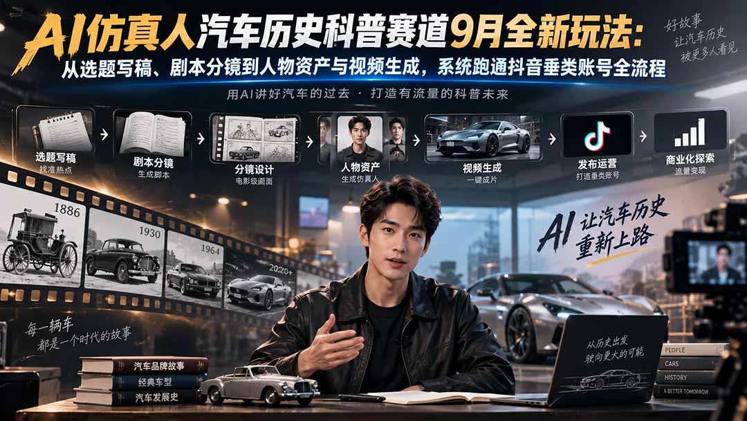 AI仿真人汽车历史科普赛道9月全新玩法：从选题写稿、剧本分镜到人物资产与视频生成，系统跑通抖音垂类账号全流程采购|汽车产业|汽车配件|机加工企业家交流社群中心