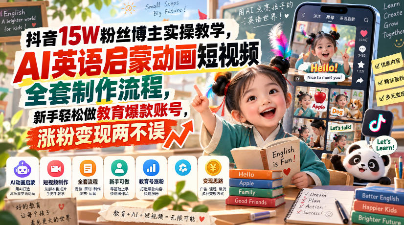 抖音15W粉丝博主实操教学,AI英语启蒙动画短视频全套制作流程,新手轻松做教育爆款账号,涨粉变现两不误采购|汽车产业|汽车配件|机加工企业家交流社群中心