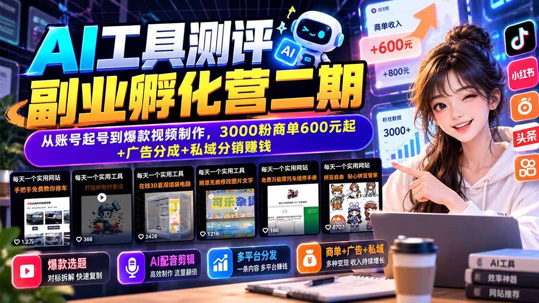 AI工具测评副业孵化营二期：从账号起号到爆款视频制作，3000粉商单600元起+广告分成+私域分销赚钱采购|汽车产业|汽车配件|机加工企业家交流社群中心