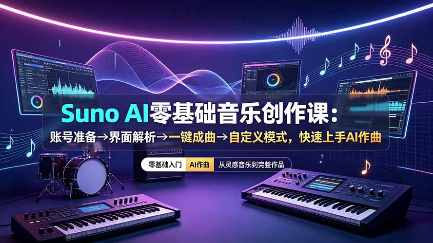 Suno AI零基础音乐创作课：账号准备→界面解析→一键成曲→自定义模式，快速上手AI作曲采购|汽车产业|汽车配件|机加工企业家交流社群中心