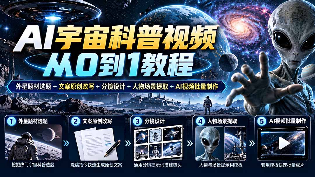 AI宇宙科普视频从0到1教程｜外星题材选题+文案原创改写+分镜设计+人物场景提取+AI视频批量制作采购|汽车产业|汽车配件|机加工企业家交流社群中心