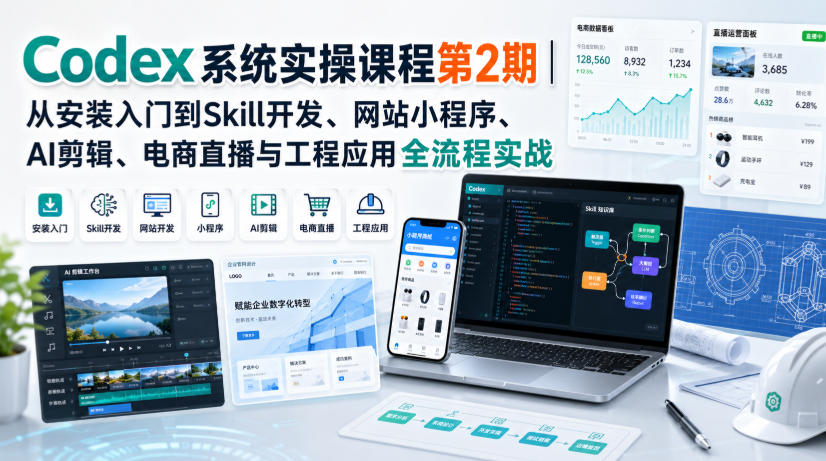 Codex系统实操课程第2期|从安装入门到Skill开发、网站小程序、AI剪辑、电商直播与工程应用全流程实战采购|汽车产业|汽车配件|机加工企业家交流社群中心