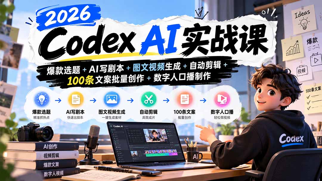 2026Codex AI实战课：爆款选题+AI写剧本+图文视频生成+自动剪辑+100条文案批量创作+数字人口播制作采购|汽车产业|汽车配件|机加工企业家交流社群中心