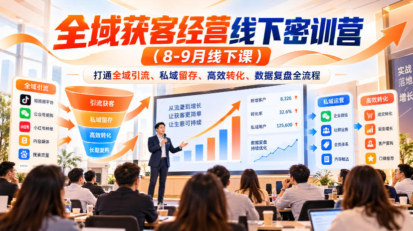 全域获客经营线下密训营(8-9月线下课),打通全域引流、私域留存、高效转化、数据复盘全流程采购|汽车产业|汽车配件|机加工企业家交流社群中心
