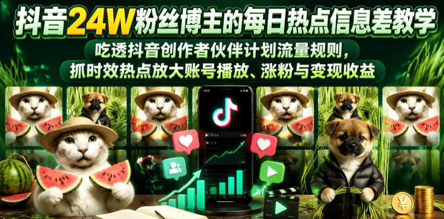 抖音24W粉丝博主的每日热点信息差教学，吃透创作者伙伴计划流量规则，抓时效热点放大账号播放、涨粉与变现收益采购|汽车产业|汽车配件|机加工企业家交流社群中心