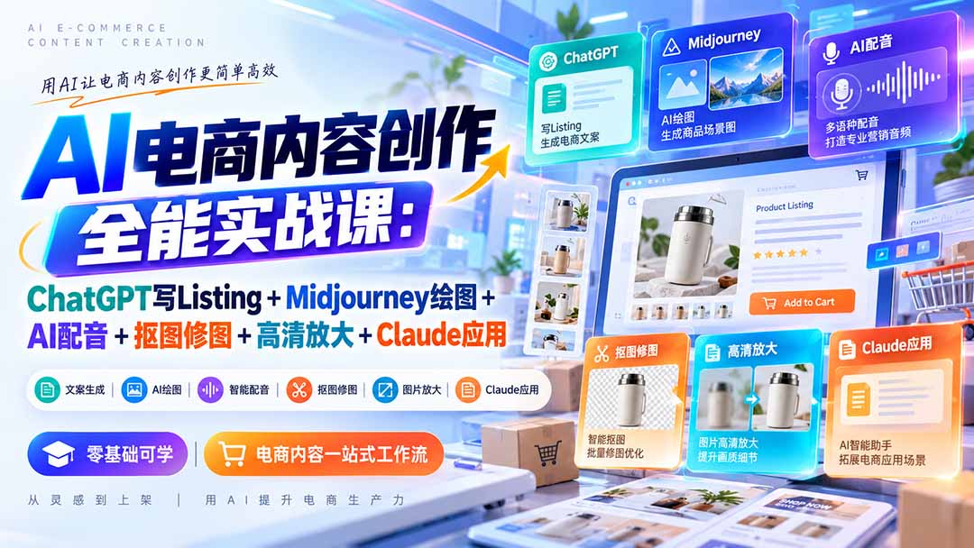 【无水印】AI电商内容创作全能实战课：ChatGPT写Listing+Midjourney绘图+AI配音+抠图修图+高清放大+Claude应用采购|汽车产业|汽车配件|机加工企业家交流社群中心