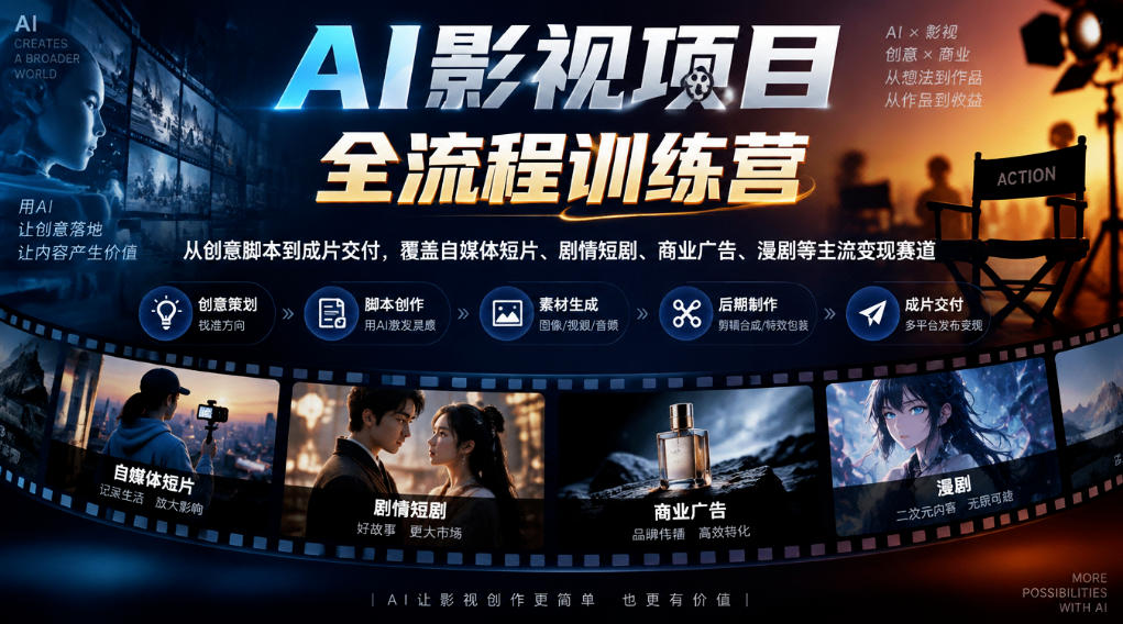 AI影视项目全流程训练营,从创意脚本到成片交付,覆盖自媒体短片、剧情短剧、商业广告、漫剧等主流变现赛道采购|汽车产业|汽车配件|机加工企业家交流社群中心
