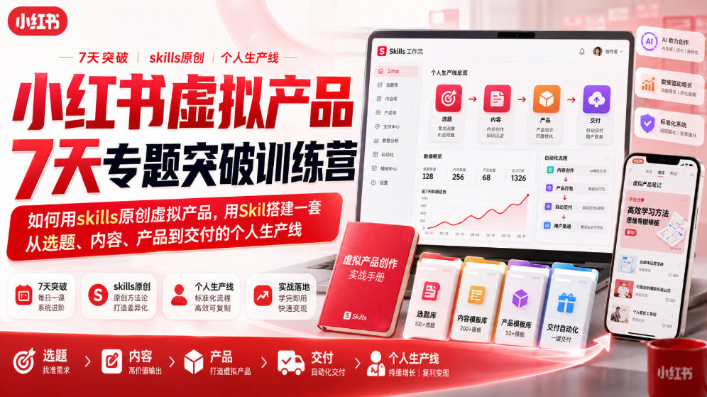 小红书虚拟产品7天专题突破训练营，如何用skills原创虚拟产品，用Skil搭建一套从选题、内容、产品到交付的个人生产线采购|汽车产业|汽车配件|机加工企业家交流社群中心