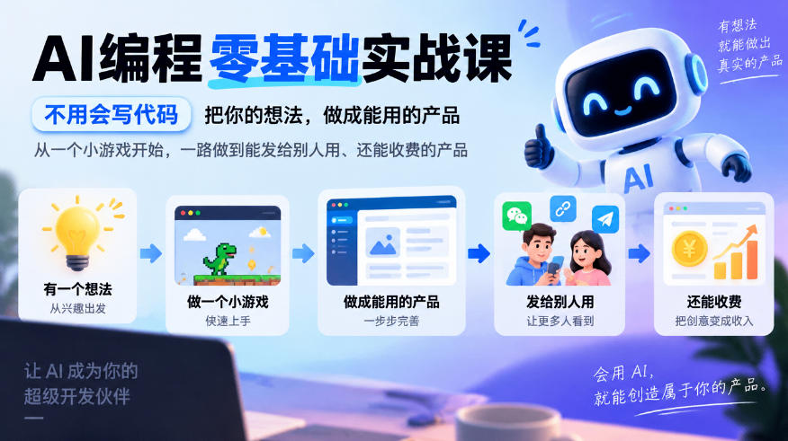AI编程零基础实战课,不用会写代码,把你的想法,做成能用的产品,从一个小游戏开始,一路做到能发给别人用、还能收费的产品采购|汽车产业|汽车配件|机加工企业家交流社群中心