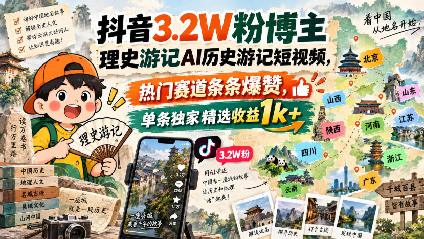抖音3.2W粉博主理史游记AI历史游记短视频教学，热门赛道条条爆赞，单条独家精选收益1k+采购|汽车产业|汽车配件|机加工企业家交流社群中心