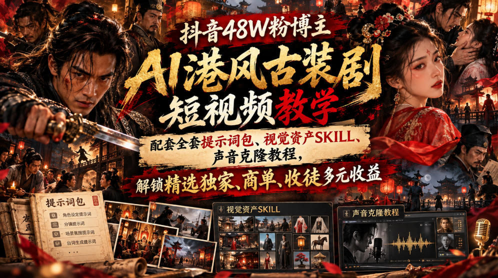 抖音48W粉博主AI港风古装剧短视频教学,配套全套提示词包、视觉资产SKILL、声音克隆教程,解锁精选独家、商单、收徒多元收益采购|汽车产业|汽车配件|机加工企业家交流社群中心