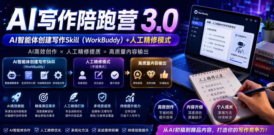 AI写作陪跑营3.0,Ai智能体创建写作skill(workbuddy)+人工手写模式(手搓模式),去除AI痕迹(头条号、公众号、百家号)(更新0806)采购|汽车产业|汽车配件|机加工企业家交流社群中心