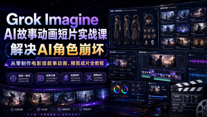 Grok Imagine AI故事动画短片实战课｜解决AI角色崩坏，从零制作电影级叙事动画、精剪成片全教程(中英字幕)采购|汽车产业|汽车配件|机加工企业家交流社群中心