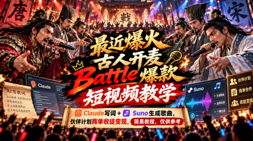 最近爆火古人开麦Battle爆款短视频教学，Claude写词+Suno生成歌曲，伙伴计划商单收徒变现，简易教程，仅供参考采购|汽车产业|汽车配件|机加工企业家交流社群中心