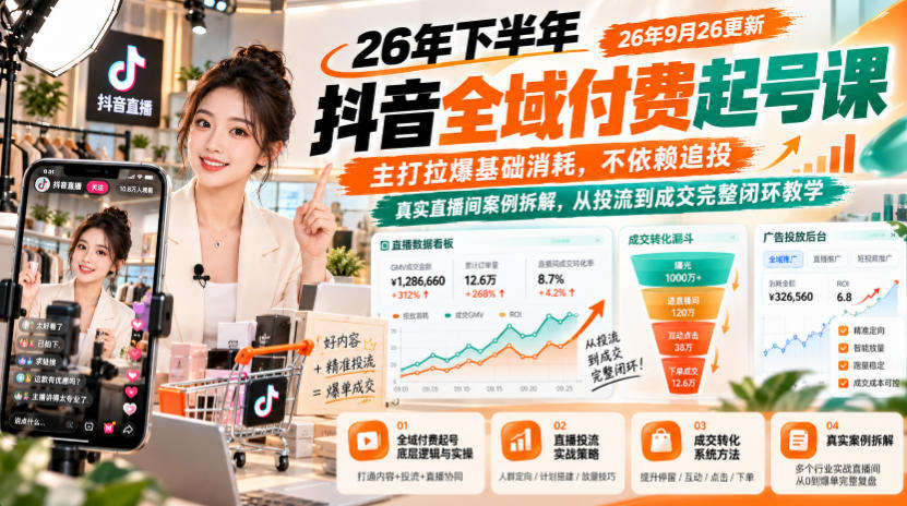 26年下半年抖音全域付费起号课26年9月26更新，主打拉爆基础消耗，不依赖追投，真实直播间案例拆解，从投流到成交完整闭环教学采购|汽车产业|汽车配件|机加工企业家交流社群中心