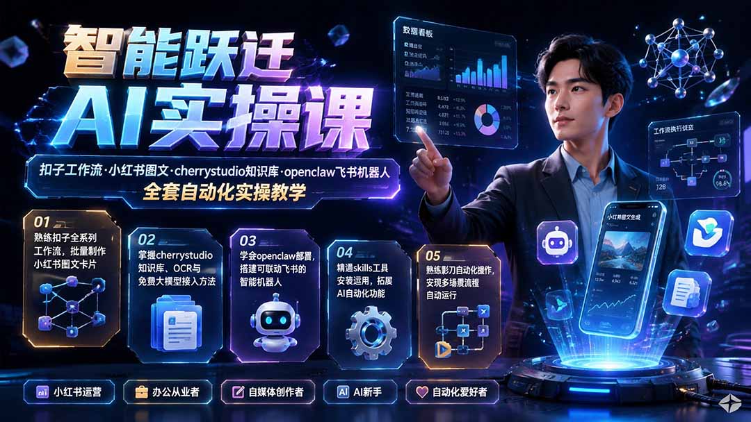 智能跃迁 AI实操课|扣子工作流小红书图文搭建,cherrystudio知识库openclaw飞书机器人全套自动化实操教学采购|汽车产业|汽车配件|机加工企业家交流社群中心