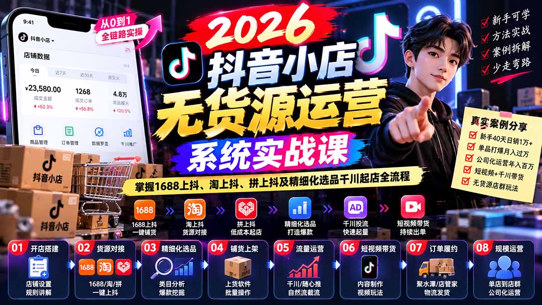 【无水印】2026抖音小店无货源运营系统实战课：掌握1688上抖、淘上抖、拼上抖及精细化选品千川起店全流程采购|汽车产业|汽车配件|机加工企业家交流社群中心