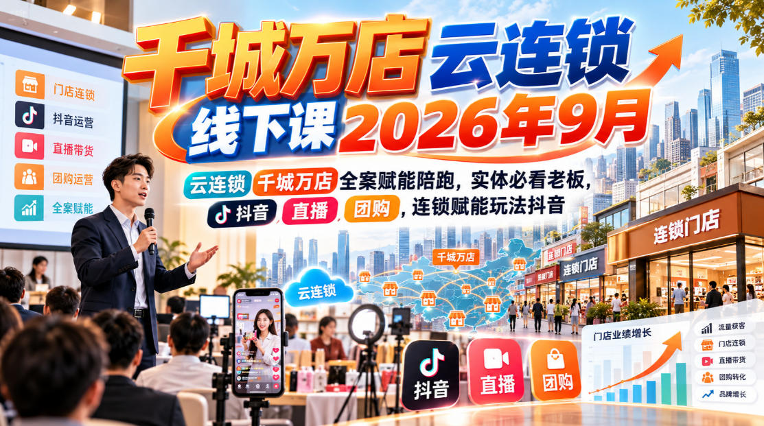 千城万店云连锁线下课2026年9月，云连锁千城万店全案赋能陪跑，实体必看老板，抖音，直播，团购，连锁赋能玩法抖音采购|汽车产业|汽车配件|机加工企业家交流社群中心