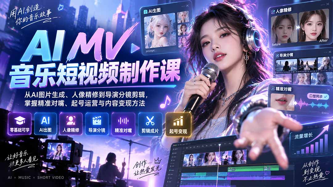 AI MV音乐短视频制作课：从AI图片生成、人像精修到导演分镜剪辑，掌握精准对嘴、起号运营与内容变现方法采购|汽车产业|汽车配件|机加工企业家交流社群中心